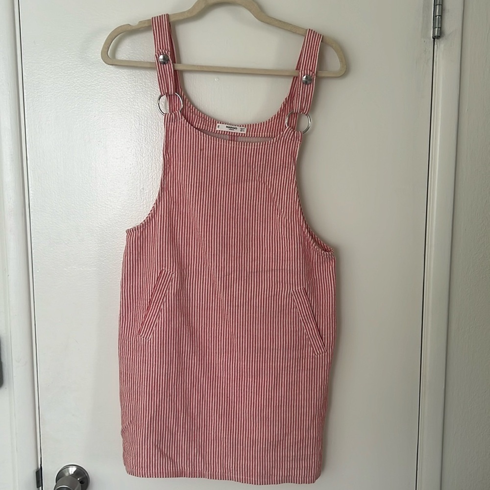 Mango Overall Pink Striped Sleeveless Dress with Pockets